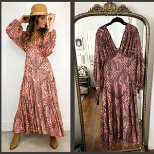 FREE PEOPLE Mirage Long Sleeve Maxi Dress Peach Combo Pink Bohemian Size 2